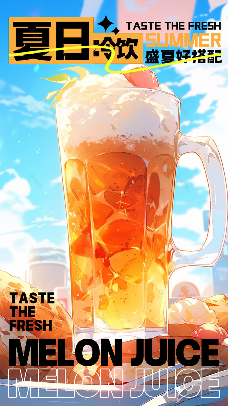 蓝天白云卡通手绘冰激凌橙汁果汁冷饮海报,设计模板,设计模板大全,设计模板下载